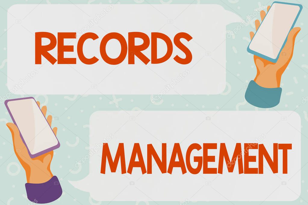 Hand writing sign Records Management. Business approach administration of records and documented information Abstract Typing Scientific Articles, Creating And Publishing Work Online