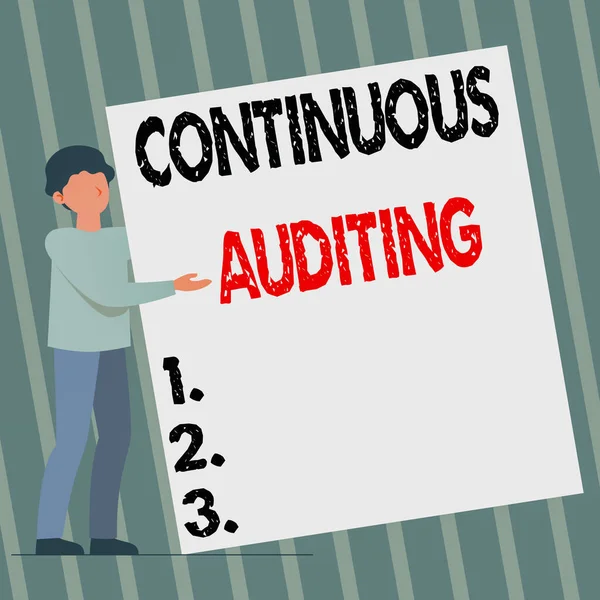 Text sign showing Continuous Auditing. Business idea Internal process that examines accounting practices Man Standing Drawing Holding Presenting Huge Blank Paper.
