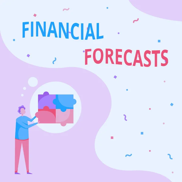 Sign displaying Financial Forecasts. Business overview estimate of future financial outcomes for a company Man Drawing Standing Fitting Four Jigsaw Puzzle Pieces. — Stockfoto
