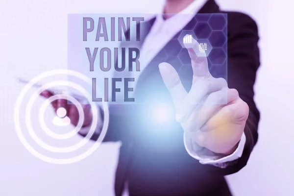 Text caption presenting Paint Your Life. Business showcase Taking control and create your future to achieve goals Woman In Uniform Carrying Phone And Tapping Futuristic Display. — Stockfoto