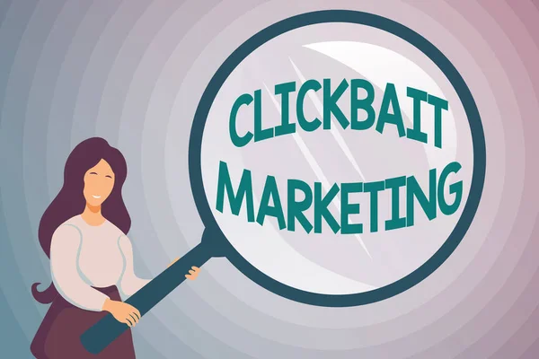 Inspiratie met teken Clickbait Marketing. Zakelijke aanpak Online content die tot doel heeft paginaweergaven te genereren Abstract Onderzoek en het vinden van aanwijzingen, zoeken naar antwoorden Concepten — Stockfoto