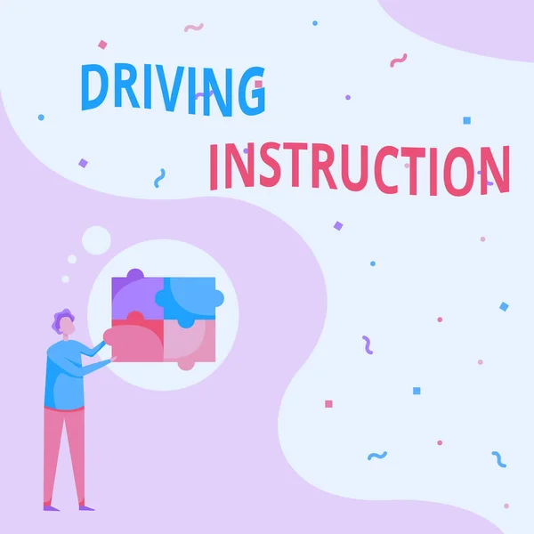 Writing displaying text Driving Instruction. Business showcase detailed information on how driving should be done Man Drawing Standing Fitting Four Jigsaw Puzzle Pieces.