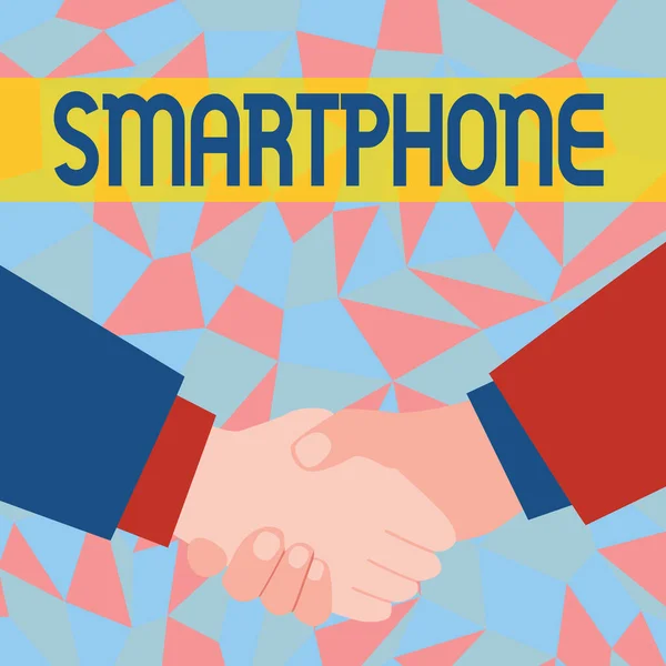 Hand writing sign Smartphone. Internet Concept a mobile phone that performs many of the computer s is features Abstract People Accepting Deals, Image Displaying Negotiations Agreement — Stock Photo, Image