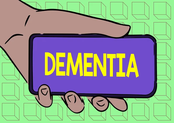 Znak pisma ręcznego Dementia. Słowo Wpisany na ogólnym słowie chorób i zaburzeń z utratą pamięci Dorosła ręka Ilustracja Holding Mobile Wyświetlanie nowej technologii na ekranie. — Zdjęcie stockowe
