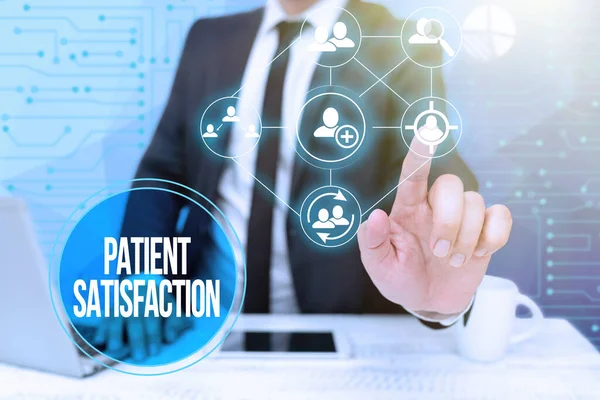 Text sign showing Patient Satisfaction. Business overview measure of the extent to which a patient is content Bussiness Man Sitting Desk Laptop And Phone Pointing Futuristic Technology. — 图库照片