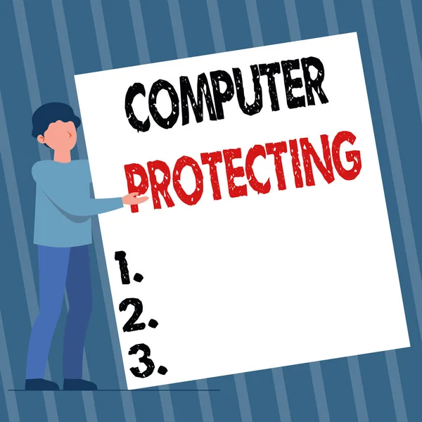 Kézírás jel Computer Protecting. Üzleti áttekintés védi a számítógépet a jogosulatlan behatolások ellen Man Standing Drawing Holding Presenting Hatalmas üres papír. — Stock Fotó