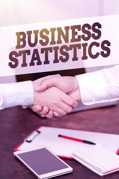 Writing displaying text Business Statistics. Internet Concept Science of intelligent decision making in the business Two Professional Well-Dressed Corporate Businessmen Handshake Indoors — Stock Photo, Image