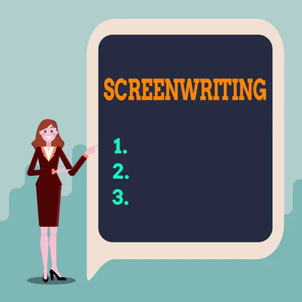 Inspiratie toont teken Screenwriting. Word Written on the art and craft of writing scripts for media communication Weergave van belangrijke informatie, presentatie van nieuwe ideeën — Stockfoto