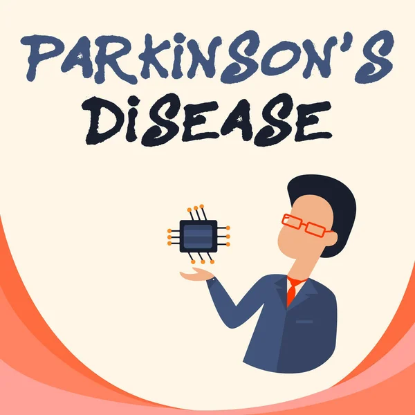 Χειρόγραφο κείμενο Parkinson S είναι ασθένεια. Επιχειρηματική επισκόπηση διαταραχή του νευρικού συστήματος που επηρεάζει την κίνηση Man Drawing Standing And Holding Computer Microchip Εμφάνιση νέας τεχνολογίας. — Φωτογραφία Αρχείου