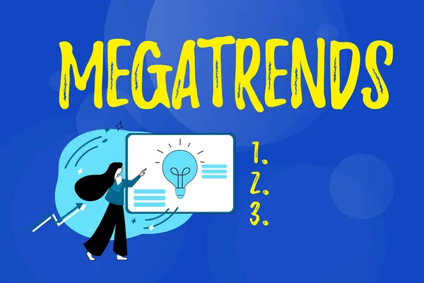 Señal que muestra Megatendencias. Concepto de negocio patrones globales relacionados con la movilidad del comportamiento y el medio ambiente Resumen Relleno de formularios en línea, respuestas a encuestas y preguntas de Internet —  Fotos de Stock