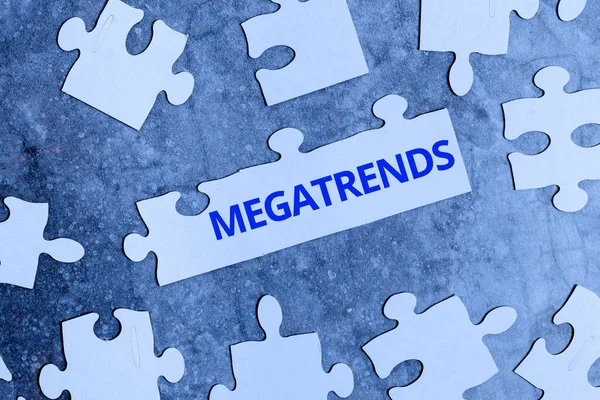 Текст, показывающий вдохновение Megatrends. Концепция Интернета глобальные модели, связанные с поведением мобильности и окружающей среды Построение незавершенной белой головоломки шаблон головоломки с отсутствием последней части — стоковое фото