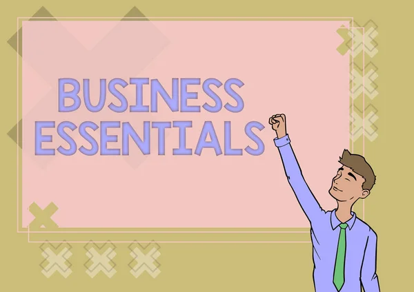 Señal de escritura a mano Business Essentials. Concepto de negocio ideas clave importantes para mejorar las habilidades de negocio Happy Man Illustration Standing Infront Board Levantando las manos para el éxito. — Foto de Stock