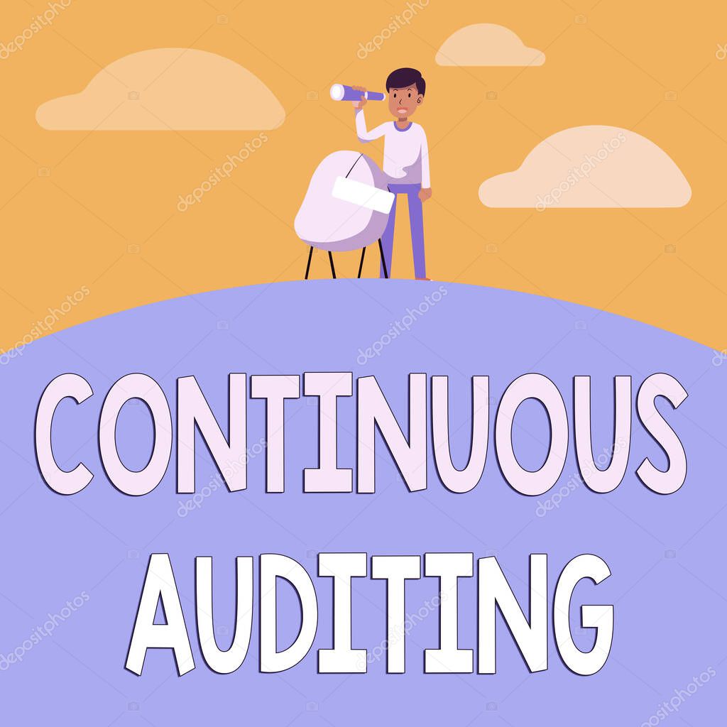 Conceptual caption Continuous Auditing. Conceptual photo Internal process that examines accounting practices Man Binoculars Illustration Standing Chair With Sign Looking Opportunities.