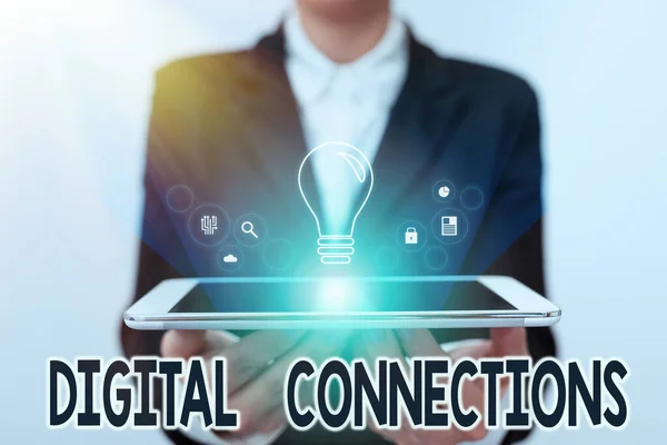 Text sign showing Digital Connections. Concept meaning the online way to explore and build relationships Lady In Uniform Holding Touchpad Showing Futuristic Virtual Interface. — Stock Photo, Image