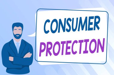 Tüketici korumasını gösteren metin başlığı. Elden Geçiren Tüketicilerin Haklarını Koruma Amaçlı İş Gösterileri Yönetmeliği Konuşma Baloncuğu İletisiyle Ayakta Duran.