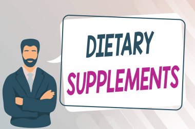Beslenme takviyelerini gösteren metin işareti. Ağızdan alınan sözcüğün amacı diyet yapan adamın ellerini çaprazlaması Konuşma köpüğü mesajıyla ayakta durması..