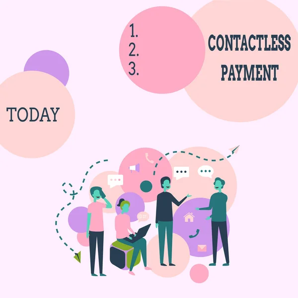 Conceptual display Contactless Payment. Business showcase use near field communication for making secure payments Four Colleagues Illustration Having Conversations Brainstorming New Ideas.