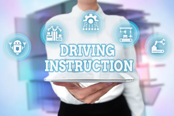 Text caption presenting Driving Instruction. Business approach detailed information on how driving should be done Lady Uniform Standing Tablet Hand Presenting Virtual Modern Technology