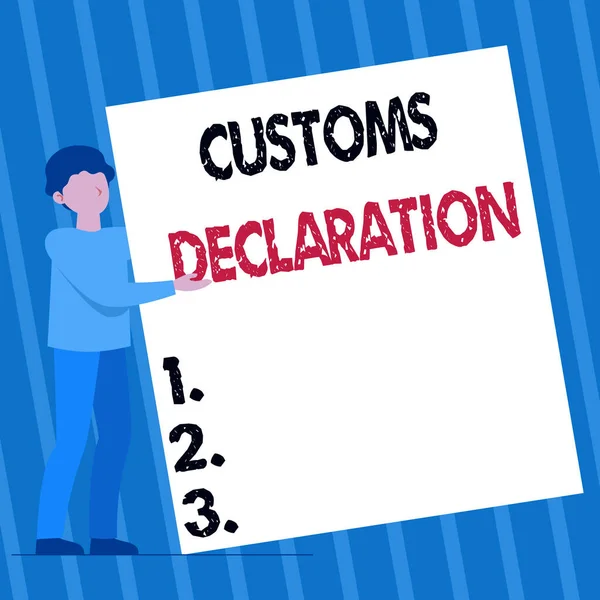 Conceptual display Customs Declaration. Business showcase Official document showing goods being imported Man Standing Drawing Holding Presenting Huge Blank Paper.