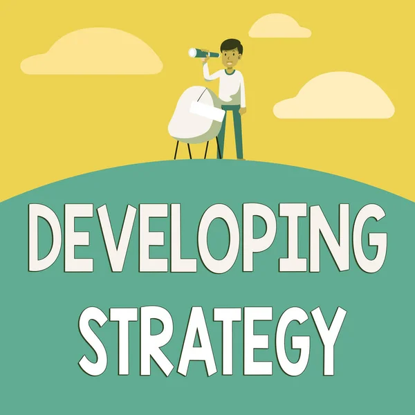 Tekst pokazujący inspirację Strategia rozwoju. Word for Game plan, który wyznacza konkretne cele i cele Ludzka lornetka Ilustracja Stojące krzesło z możliwościami szukania znaków. — Zdjęcie stockowe