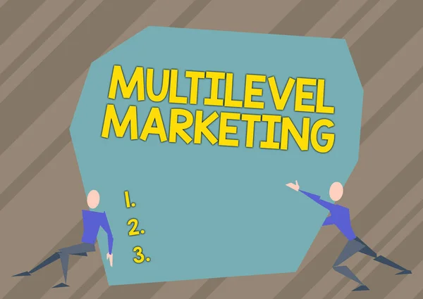 Τίτλος κειμένου που παρουσιάζει το Multilevel Marketing. Επιχειρηματική στρατηγική μάρκετινγκ ιδέα για την πώληση των προϊόντων ή υπηρεσιών Δύο άνδρες Εικονογράφηση Προσπαθώντας να άρει Extra Large Rock To Free The Way. — Φωτογραφία Αρχείου