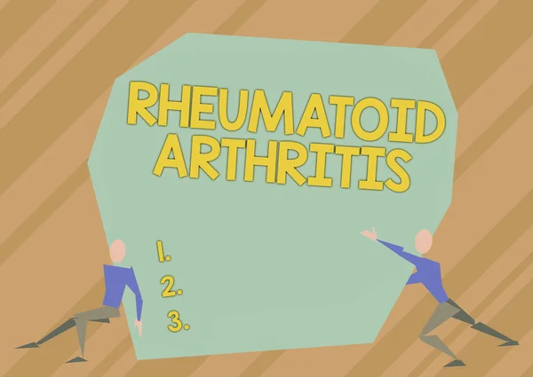 Légende conceptuelle Polyarthrite rhumatoïde. Concept d'entreprise maladie progressive chronique causant l'inflammation des articulations Deux hommes Illustration Essayer de soulever de très gros rochers pour libérer le chemin. — Photo