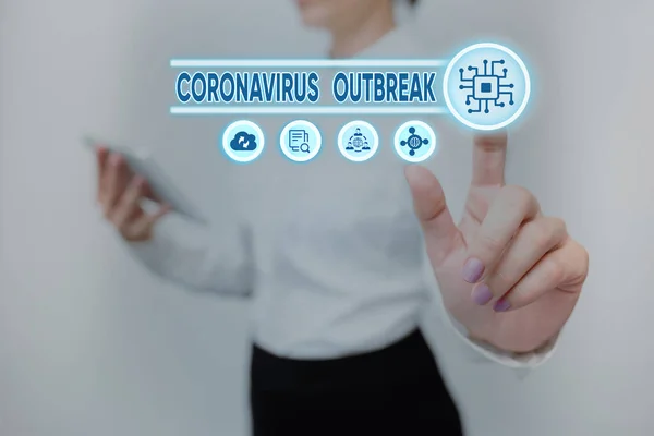 Inspiración mostrando signo Brote de Coronavirus. Idea de negocio enfermedad infecciosa causada por recién descubierta COVID19 Lady Holding Tablet Presionando el botón virtual Mostrando tecnología futurista. — Foto de Stock