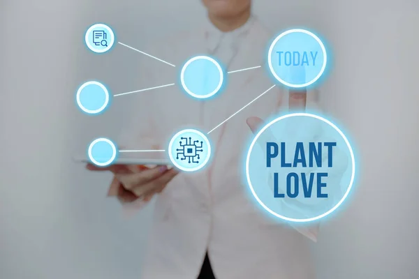灵感表现出植物爱情的迹象。商界展示了一个情感关爱、关怀和支持的象征，展现给了其他女性。在虚拟按钮上按下"女士按键"显示未来科技. — 图库照片