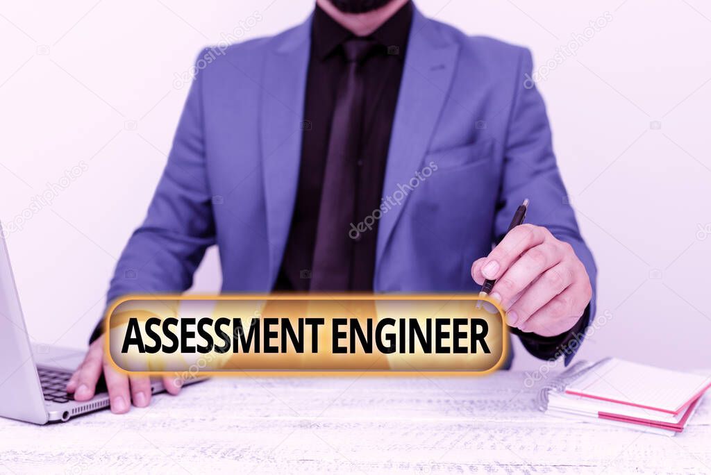 Text caption presenting Assessment Engineer. Concept meaning gives solutions to the complexities of developing tests Remote Office Work Online Presenting Business Plans Designs