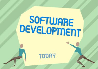 El yazısı tabelası Yazılım Geliştirme. İş genel görünümü yazılımı, Yolu Serbest Bırakmak İçin Ekstra Büyük Kayayı Kaldırmaya Çalışan İki Adam İllüzyonu kullanılarak oluşturulmuştur.