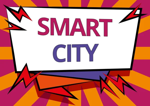 Znak ręcznego pisania Smart City. Word Wpisany na obszarze miejskim, który wykorzystuje technologie komunikacyjne do zbierania danych Abstract Wyświetlanie pilnej wiadomości, New Announcement Information — Zdjęcie stockowe