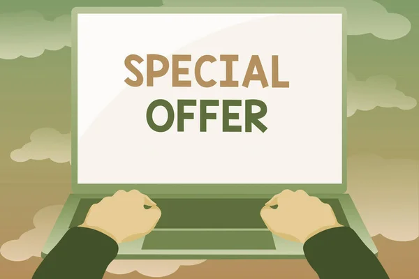 Segno di testo che mostra Offerta Speciale. Concetto significato Prezzo scontato Markdown Articoli promozionali Pazzo Vendita Montaggio e formattazione di articoli online, Digitando Creative Reading Indice — Foto Stock