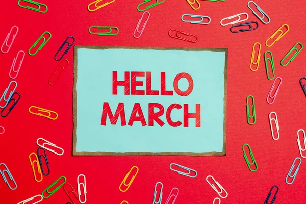 Tekst met inspiratie Hello March. Zakelijk overzicht een begroeting uitdrukking gebruikt bij het verwelkomen van de maand maart Brainstorming Problemen En Oplossingen Het stellen van Relevante Vragen — Stockfoto