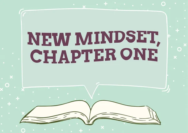 Inspiration showing sign New Mindset, Chapter One. Word for change on attitudes and thinking Improve hard work Open Book illustration With Speech Bubble Presenting A Quote Message News. — Stock Photo, Image