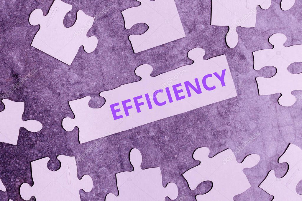Text sign showing Efficiency, Business idea ability to prevent a waste of resources energy money and time Building An Unfinished White Jigsaw Pattern Puzzle With Missing Last Piece