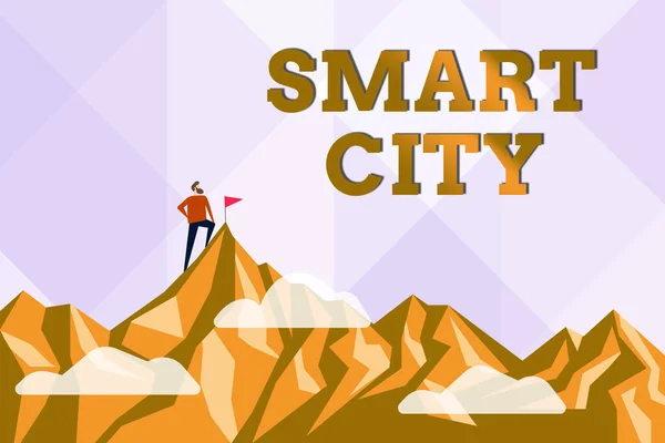 Signo de texto que muestra Smart City. Concepto de Internet un área urbana que utiliza las tecnologías de comunicación para recopilar datos Alcanzar y alcanzar objetivos abstractos, resultado de conceptos de trabajo duro —  Fotos de Stock