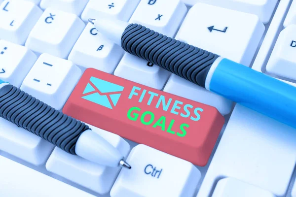 Podpis tekstowy przedstawiający cele fitness. Koncepcja oznacza luźny tłuszcz Zbuduj mięśnie coraz silniejsze Kondycjonowanie Połączenie z przyjaciółmi online, Dokonywanie znajomości w Internecie — Zdjęcie stockowe