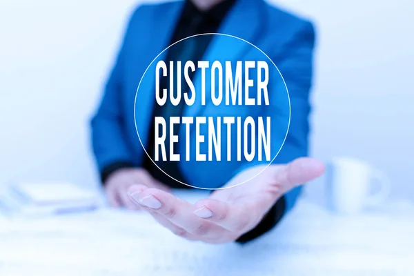 Sign displaying Customer Retention. Word for activities companies take to reduce user defections Discussing Important Idea Presenting And Explaining Business Plan Designs