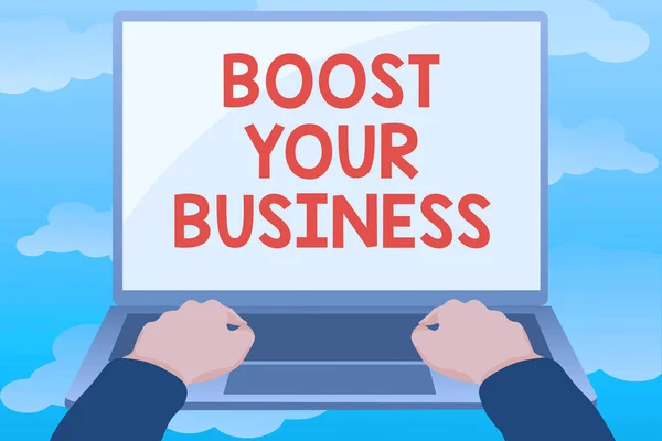 Inspiration visar tecken Boost Your Business. Affärsöversikt Lämplig för webben Landningssida, webbdesign för att öka vinsten Redigering och formatering Online Artiklar, Skriva Creative Reading — Stockfoto