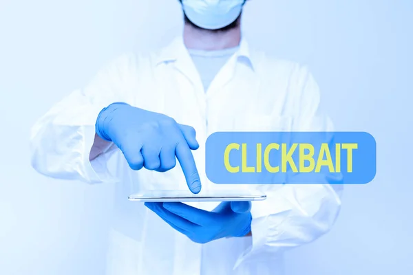 Clickbait 를 보여 주는 문자 표지판. 주된 목적은 특정 웹 페이지의 의사가 의학 용어를 설명하는 특정 웹 페이지에 주의를 끌기 위한 것이다. — 스톡 사진