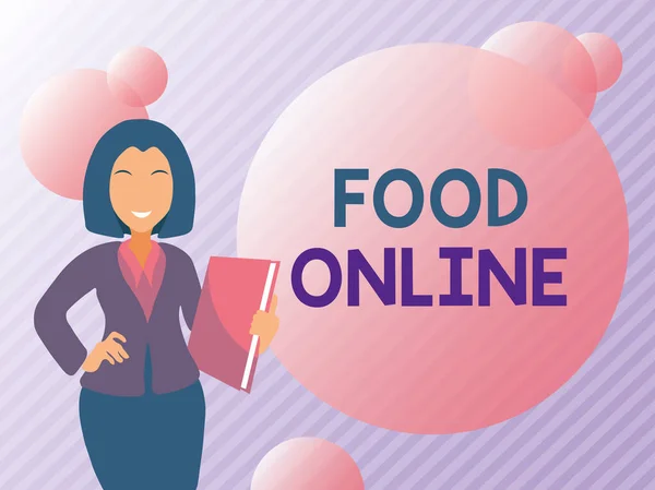 Podpis tekstowy przedstawiający Food Online. Internet Concept variety of food set up in a website directly delivered by store Abstract Discusating important News, Explaining And Reporting Concept — Zdjęcie stockowe