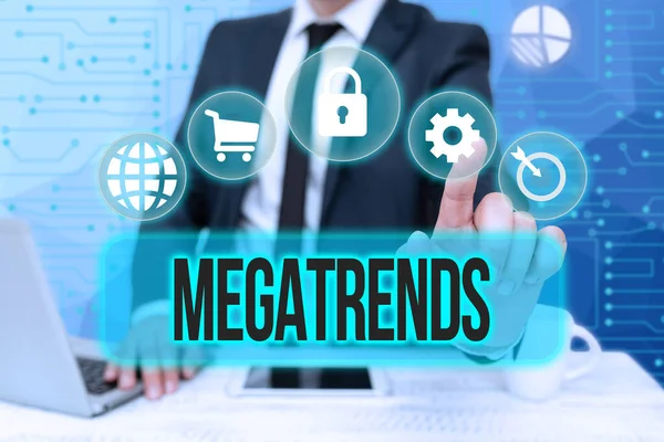 Концептуальне відображення Megatrends. Бізнес-ідея глобальні закономірності, пов'язані з поведінкою мобільності та навколишнього середовища Bussiness Man Sitting Desk ноутбук і телефон вказуючи футуристичні технології . — стокове фото