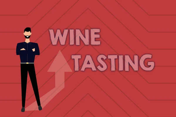 Text sign showing Wine Tasting. Business idea Degustation Alcohol Social gathering Gourmet Winery Drinking Gathering Online Documents And Informations, Entering And Recording Data — Stock Photo, Image