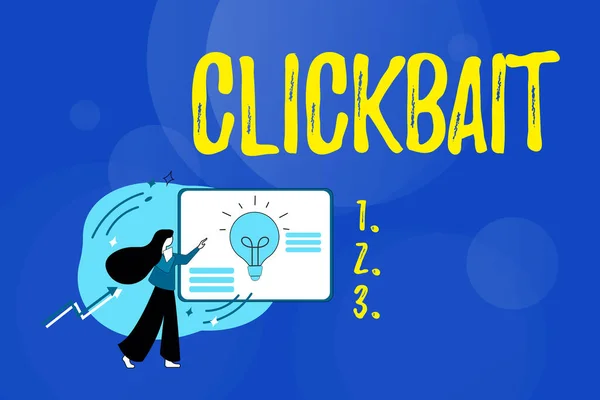 Вдохновение показывает знак Clickbait. Концепция Интернета - это привлечение внимания к конкретной веб-странице, заполнение анкет в Интернете, ответы на вопросы и опросы — стоковое фото