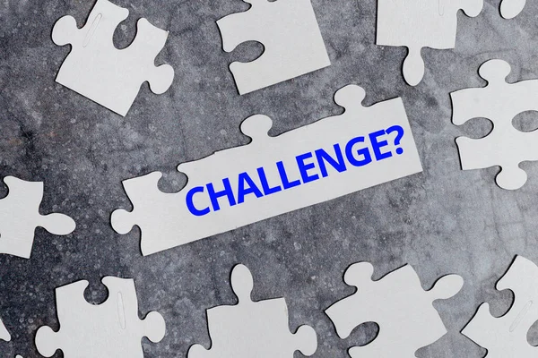 Begriffliche Beschriftung Herausforderung Frage. Konzeptfoto Einladung zu einem Rennen in einem bestimmten Duell Building an Unfinished White Jigsaw Pattern Puzzle With Missing Last Piece — Stockfoto