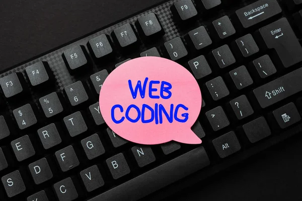 Zeichen, die Web Coding anzeigen. Business präsentiert ein System von Symbolen und Regeln, die verwendet werden, um Anweisungen zu repräsentieren Online-Surfen und Erkunden, Erstellen von Blog-Inhalten, Senden neuer Nachrichten — Stockfoto