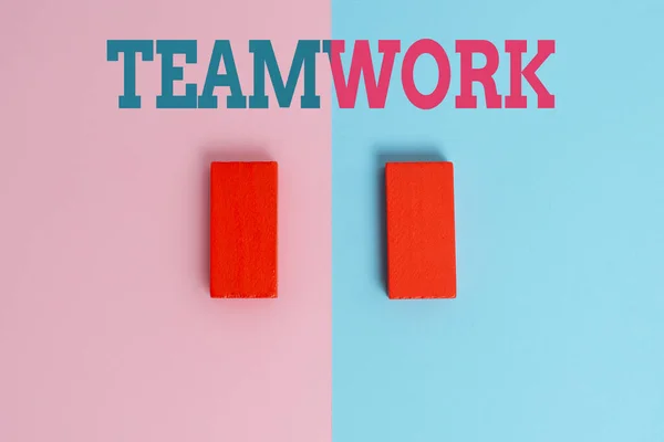 Conceptueel bijschrift Teamwork. Business showcase de groep s is gezamenlijke inspanning om een gemeenschappelijk doel te bereiken Twee Objecten Inwaarts gericht Outward Op een Gescheiden Gekleurde Achtergrond — Stockfoto