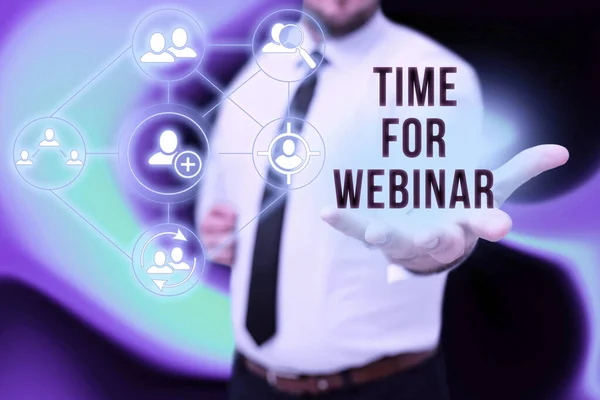 Das Schreiben von Text Time For Webinar. Geschäftskonzept, Webkonferenz, Webcasting, Online-Zusammenarbeit in Echtzeit Gentelman Uniform Standing Holding New Futuristic Technologies. — Stockfoto