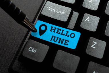 Kavramsal gösteri. Merhaba June. Eğlence ve macera için faaliyetlerinizi planlamak için yeni bir ayda yazılmış yeni iş sloganı mesajı yazma, piyasa stratejileri yazma