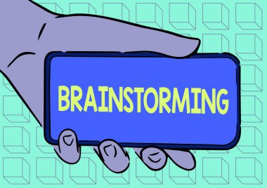 El yazısı işareti Beyin Fırtınası. Fikir ve çözümlere yol açan iş dünyası gösteri grubu tartışması sorunları Yetişkin El Resimleri Tutma Mobil Ekranda Yeni Teknoloji Gösteriyor.